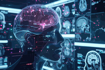 Futuristic neurotech concept with brain-computer interfaces, neural implants, and mind-controlled devices for cognitive enhancement