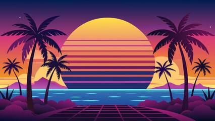 vector-summer-background-with-sunset vector illustration  - obrazy, fototapety, plakaty