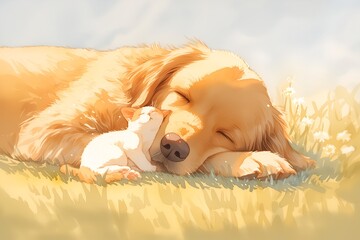 眠るゴールデンレトリバーと子猫