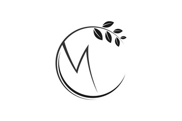M initial letter logo design with leaves vector element minimalist beauty women care.