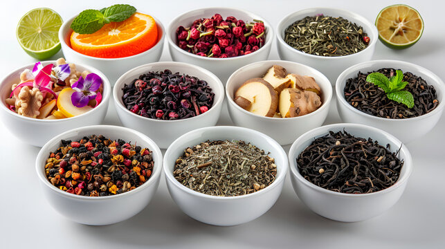 kinds of spices in bowls, Assortment of dry tea in white bowls. Tea types background: green, black, floral, herbal, mint, melissa, ginger, apple, rose, lime tree, fruits, orange, hibiscus, raspberry, 