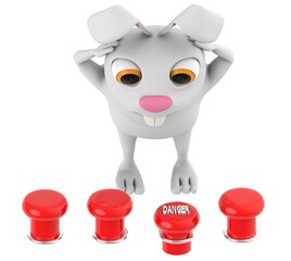 3d character , rabbit looking at danger button placed over ground