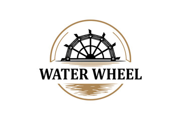 Classic old Noria wooden waterwheel from Syria or the arabic Middle East, logo design vector template label style. - obrazy, fototapety, plakaty