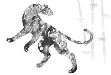 Obraz premium 雪の降る竹林 立ち上がり振り向く虎