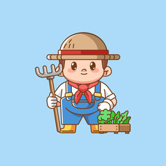 Cute farmers harvest moon kawaii chibi character mascot illustration outline style design