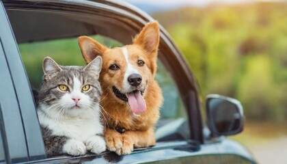 Funny portrait of cat and dog in the car on road trip. Panoramic banner, travel concept