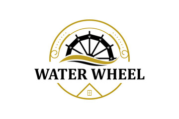 Classic old Noria wooden waterwheel from Syria or the arabic Middle East, logo design vector template label style. With roof house property.
