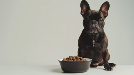 Cute black French bulldog sitting next to a bowl of dog food against white background.