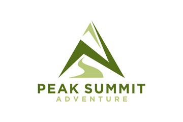 Peak mountain logo design, triangle shape modern minimalist icon symbol outdoor adventure.
