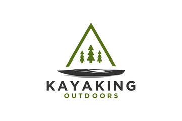 Nature outdoor adventure logo design, kayak wooden boat sport with mountain and pine tree shape illustration.