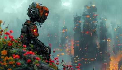 Capture the haunting beauty of a tragic robot love story in a surreal, pixel art piece Vibrant colors contrasted with metallic textures - obrazy, fototapety, plakaty