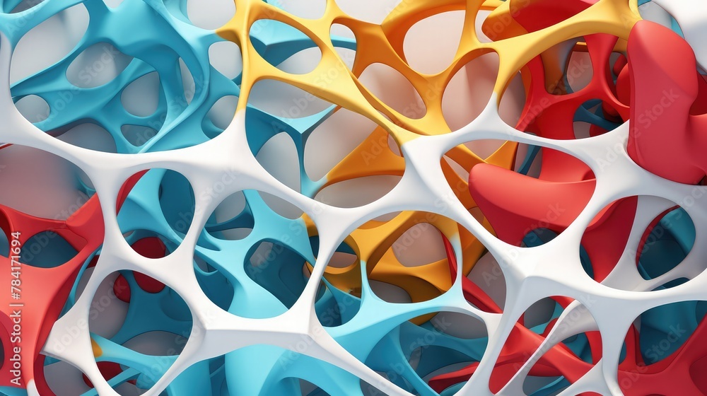 Fototapete colored 3d voronoi organic structure with a chaotic appearance on a white backdrop, rendered in 3d.