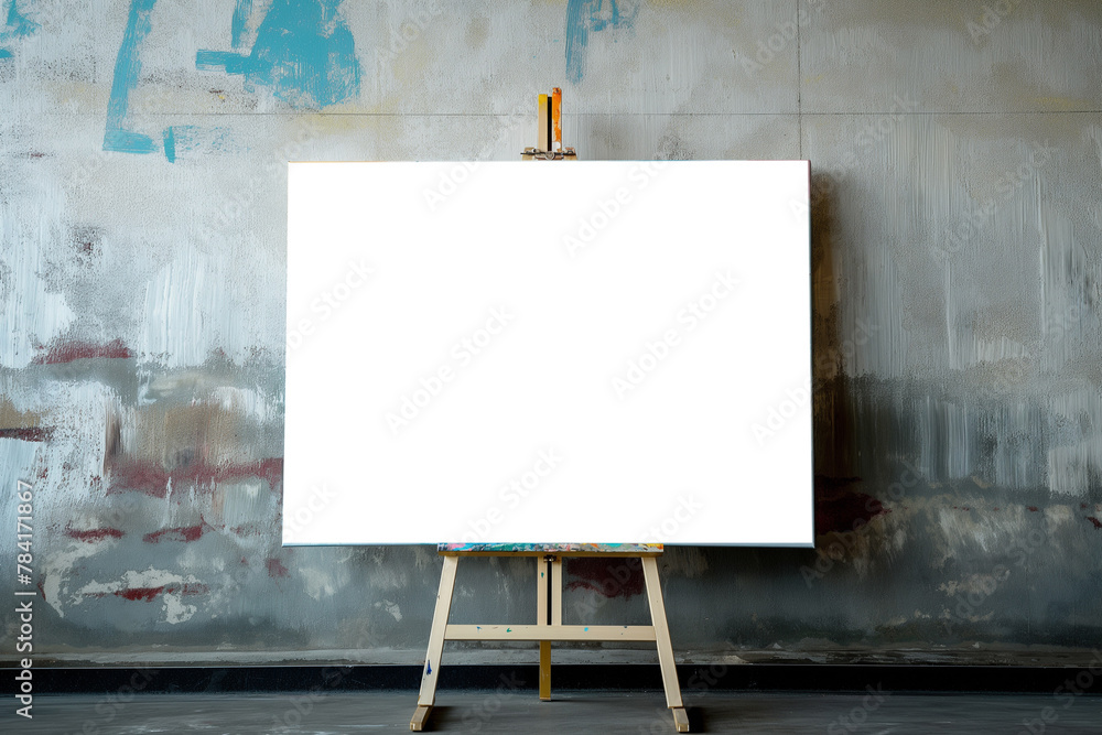 Wall mural wooden easel with painting frame mockup on studio wall, modern art concept