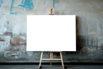 Wooden easel with painting frame mockup on studio wall, modern art concept