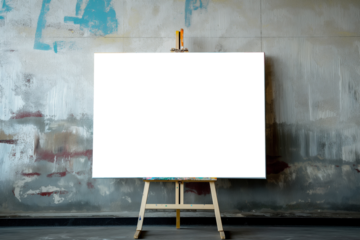 Wooden easel with painting frame mockup on studio wall, modern art concept