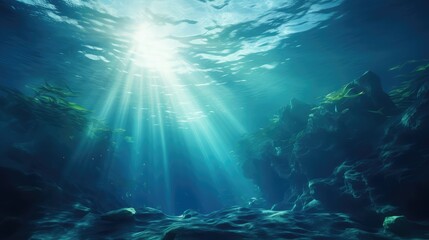 Deep into to sea. Underwater scene with bright beam pass through the surface. 3d rendering - Illustration - obrazy, fototapety, plakaty