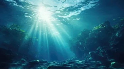 Poster Deep into to sea. Underwater scene with bright beam pass through the surface. 3d rendering - Illustration © abida