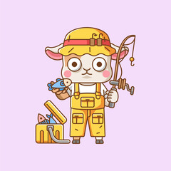 Cute goat fisher fishing animal chibi character mascot icon flat line art style illustration concept cartoon