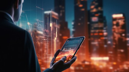 Double exposure of mans hands holding and using a phone and financial chart drawing. Market analysis concept.