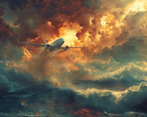 Merge the Surrealism movement with a glitch art interpretation of Amelia Earharts solo flight across the Atlantic Create a distorted, dreamlike scene that blurs reality and imagination, using digital