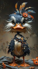 Produce a classic, whimsical fantasy duck in a frontal view using traditional art medium Capture intricate details in feathers and magical elements