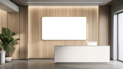 Modern office lobby with billboard mockup and minimalist reception desk
