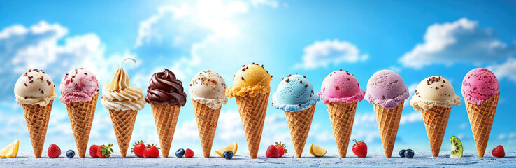 A row of ice cream cones with different flavors and toppings