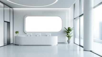 Modern office lobby with billboard mockup and minimalist reception desk