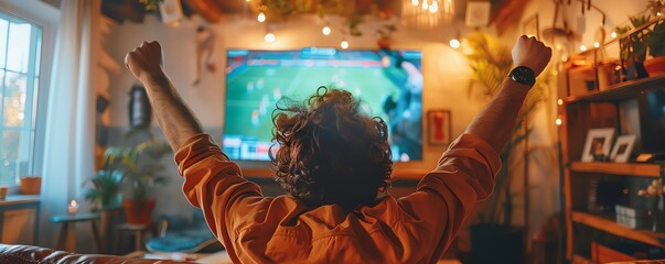 Fans in a living room erupting in joy as their team wins on TV