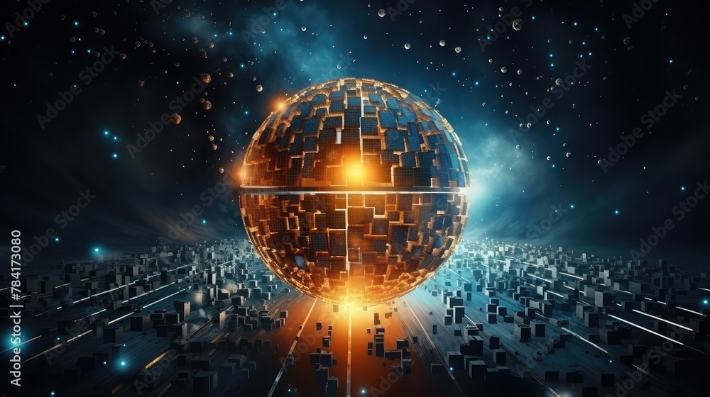 Poster particle sphere with shattered structure in the future. background of big data technology. 3d