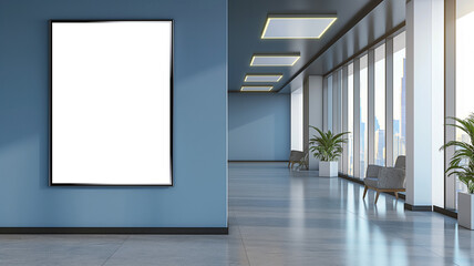 Minimalist modern office lobby with frame mockup on the wall and potted plants