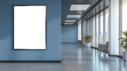 Minimalist modern office lobby with frame mockup on the wall and potted plants
