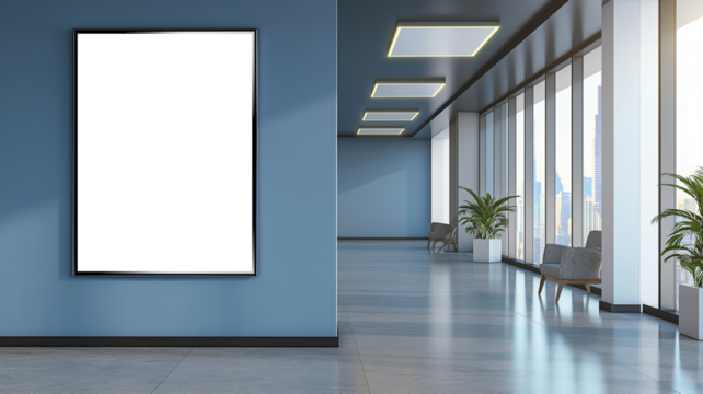 Minimalist modern office lobby with frame mockup on the wall and potted plants
