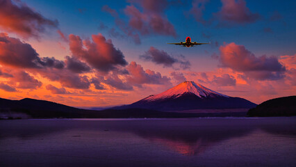 富士山上空を飛行する飛行機合成