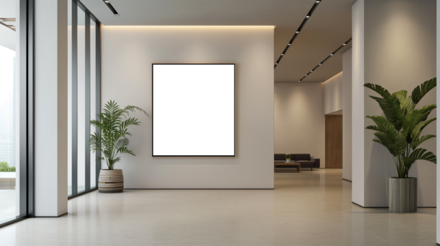 Minimalist modern office lobby with frame mockup on the wall and potted plants