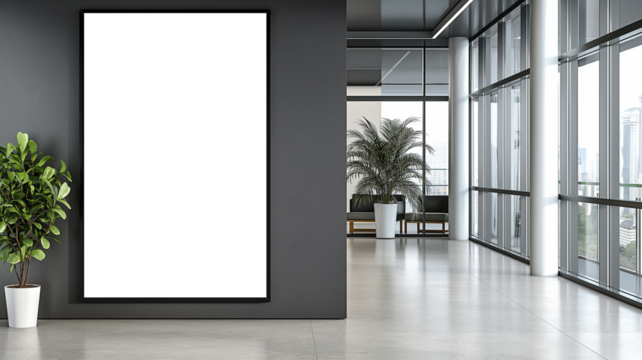 Minimalist modern office lobby with frame mockup on the wall and potted plants