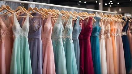 Luxurious modern retail boutique with lots of gorgeous formal gowns in vibrant colors for sale. Details about prom dresses, bridesmaid dresses, evening gowns. Renting dresses for a range of events and - obrazy, fototapety, plakaty