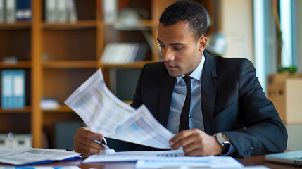 A male businessman is reviewing financial reports - obrazy, fototapety, plakaty