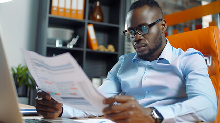 A male businessman is reviewing financial reports