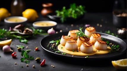 Cooking grilled scallops in a creamy butter lemon or Cajun spicy dripping sauce with herbs is the dish of a fine dining chef. The recipe is displayed as a broad banner poster on a black background  - obrazy, fototapety, plakaty