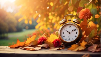 Fotobehang alarm clock and leaves © Adnan