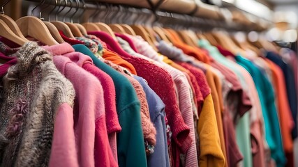 Close-up of vibrant clothes in a charity, thrift, or secondhand clothing store. These establishments sell worn clothing, accessories, books, and household items. - obrazy, fototapety, plakaty