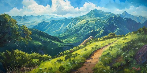 Oil painting, hiking adventure, banner, mountain trail, lush landscapes, midday, wide, shared exploration.  - obrazy, fototapety, plakaty
