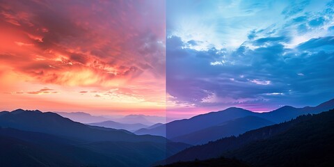 Mountain, Sunrise and Sunset: Captivating views of mountains at dawn and dusk, highlighting vibrant skies. Close Up.
