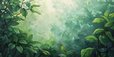 Oil Painting, Misty forest background, lush green, dew on leaves, close-up, low camera angle, soft morning light 