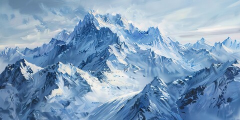 Oil Painting, Mountain, Snow-Capped Peaks: Majestic mountains covered in snow, often sought after for winter themes. Close Up.  - obrazy, fototapety, plakaty