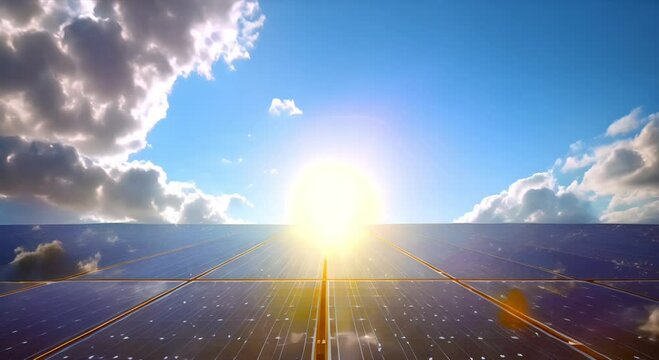 solar panels under deep blue sky with bright sun with sunbeams. Alternative energy concept