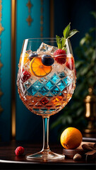 visually appealing cocktail garnished with fresh fruit