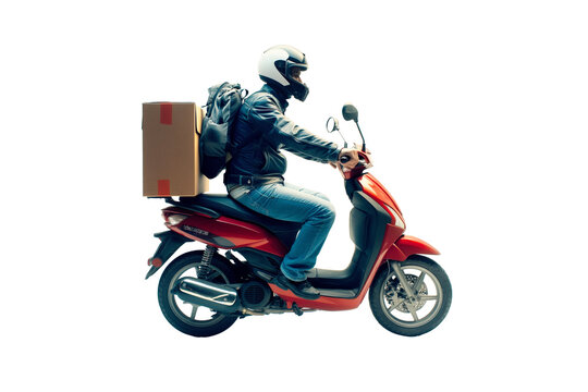 recommend clip art: Side view, Courier in uniform riding a white scooter with fast delivery isolated on a transparent background. Restaurant food and postal package delivery services	
                    