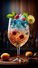 visually appealing cocktail garnished with fresh fruit